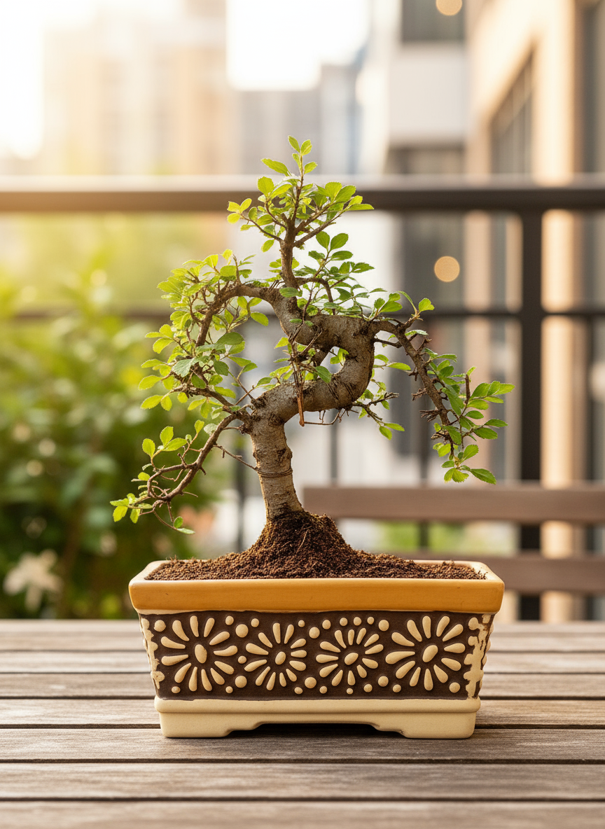 Bonsai tree in a decorative pot on a wooden surface with a blurred outdoor background