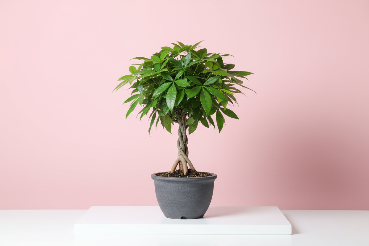 Place the product Pachira Bonsai tree in a clean, minimalistic setting with a pastel pink backdrop and a pure white flat base. Ensure bright, even studio lighting with soft shadows for a professional, high-quality product photography look, output Square Image.