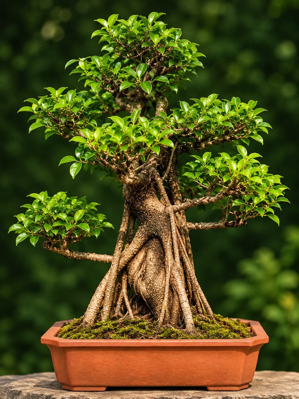 19-year-old Ficus bonsai PRM-001, 66 cm, a bulbous trunk wrapped in a curtain of thick aerial roots