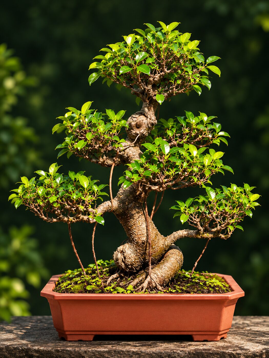 19-year-old Ficus bonsai PRM-002, 66 cm, a bold S-curve trunk with fine hanging aerial roots