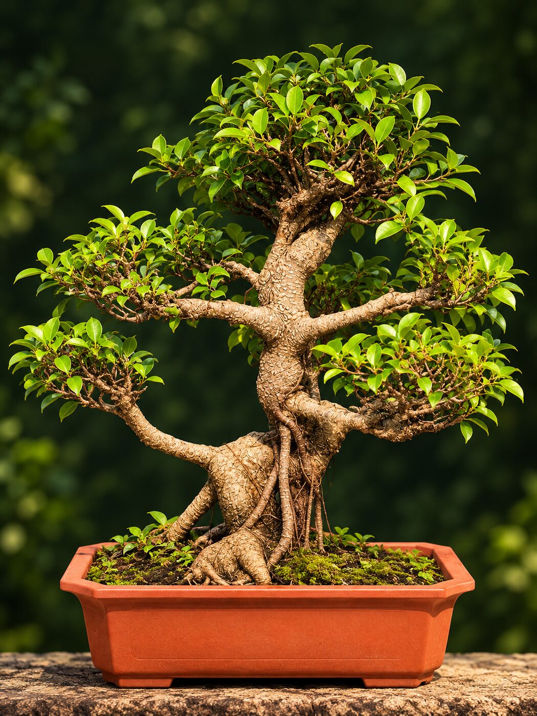19-year-old Ficus bonsai PRM-003, 66 cm, a thick gnarled trunk and a wide layered canopy