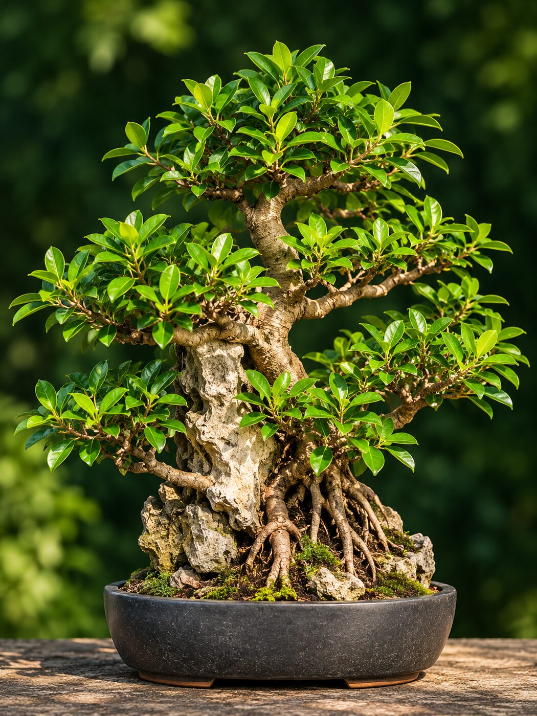 19-year-old Ficus bonsai PRM-004, 66 cm, root-over-rock style, roots gripping a natural stone