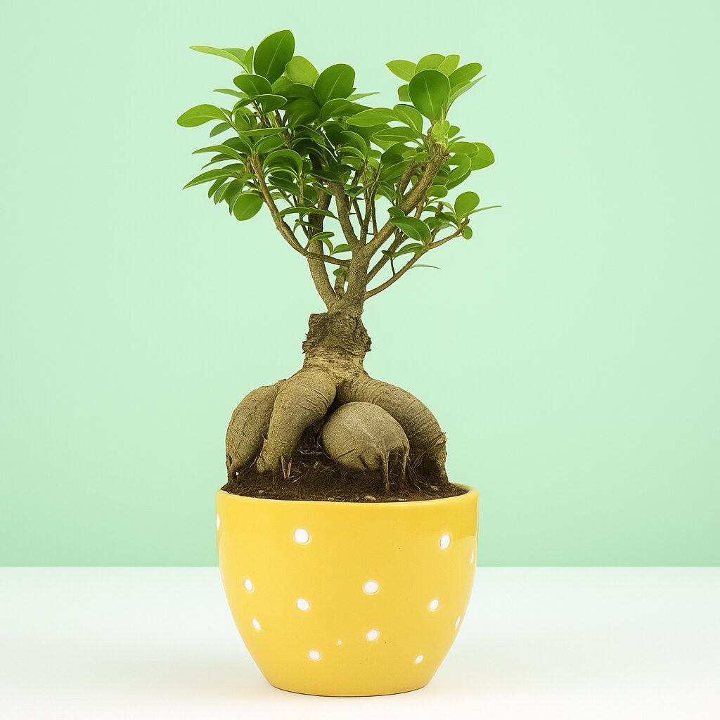 Ficus Indoor Bonsai Plant in Premium Dotted Pot for Home Decor