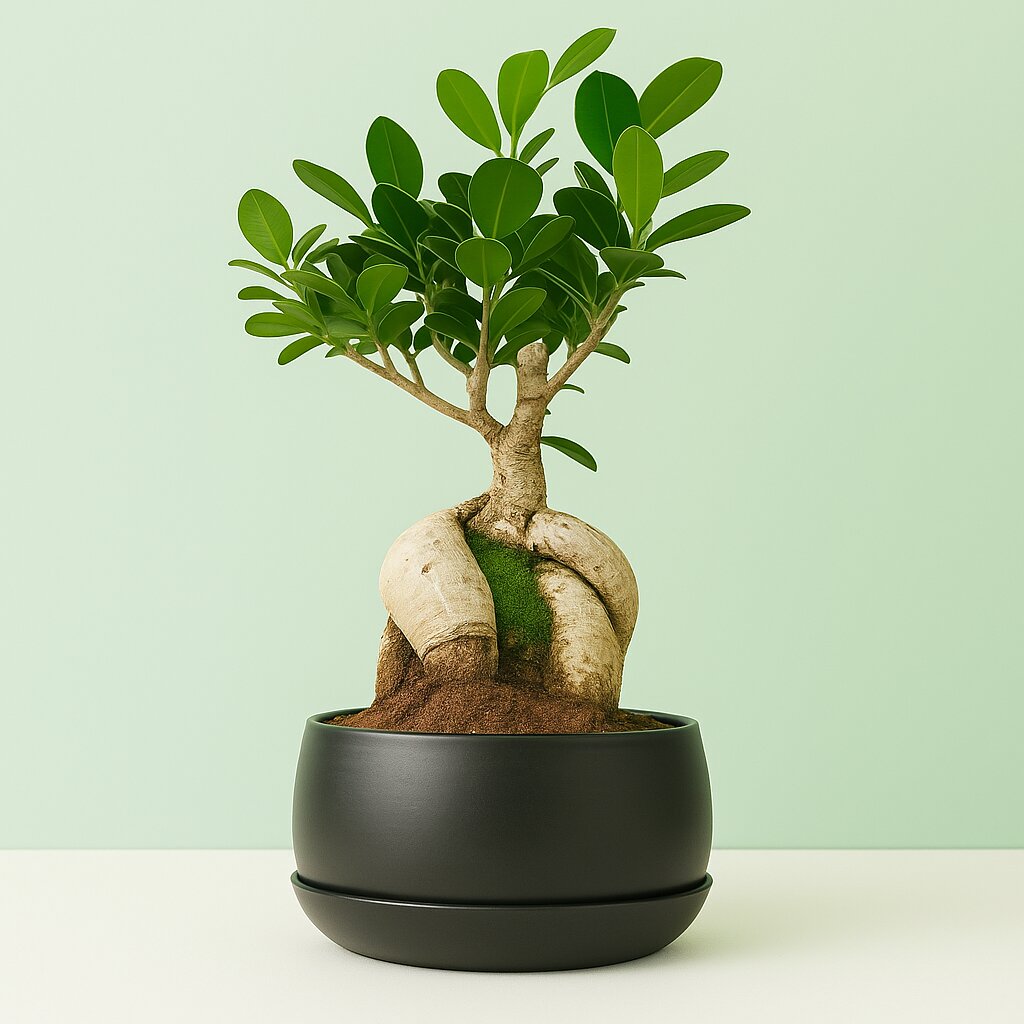 Potted bonsai tree with a green background