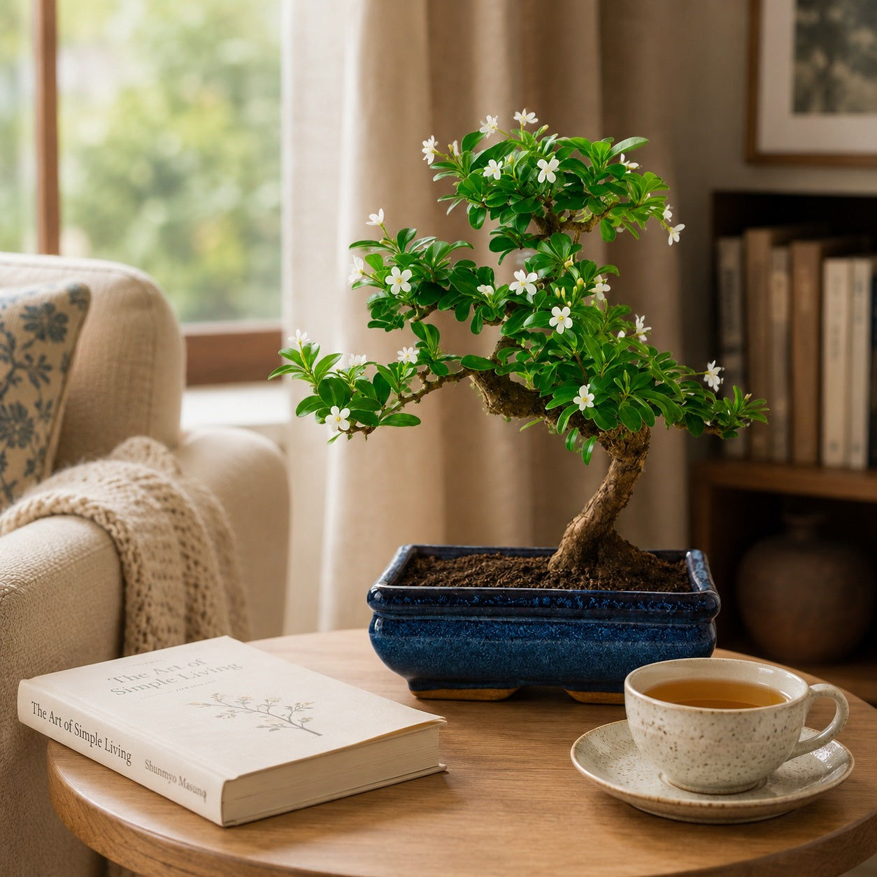 Carmona Flowering Indoor Bonsai Tree – 5 Years, Blue Ceramic Pot
