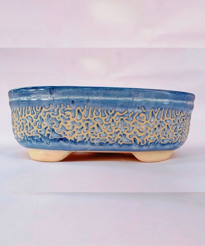 Big Bonsai Pot Blue Carved Oval 27cm