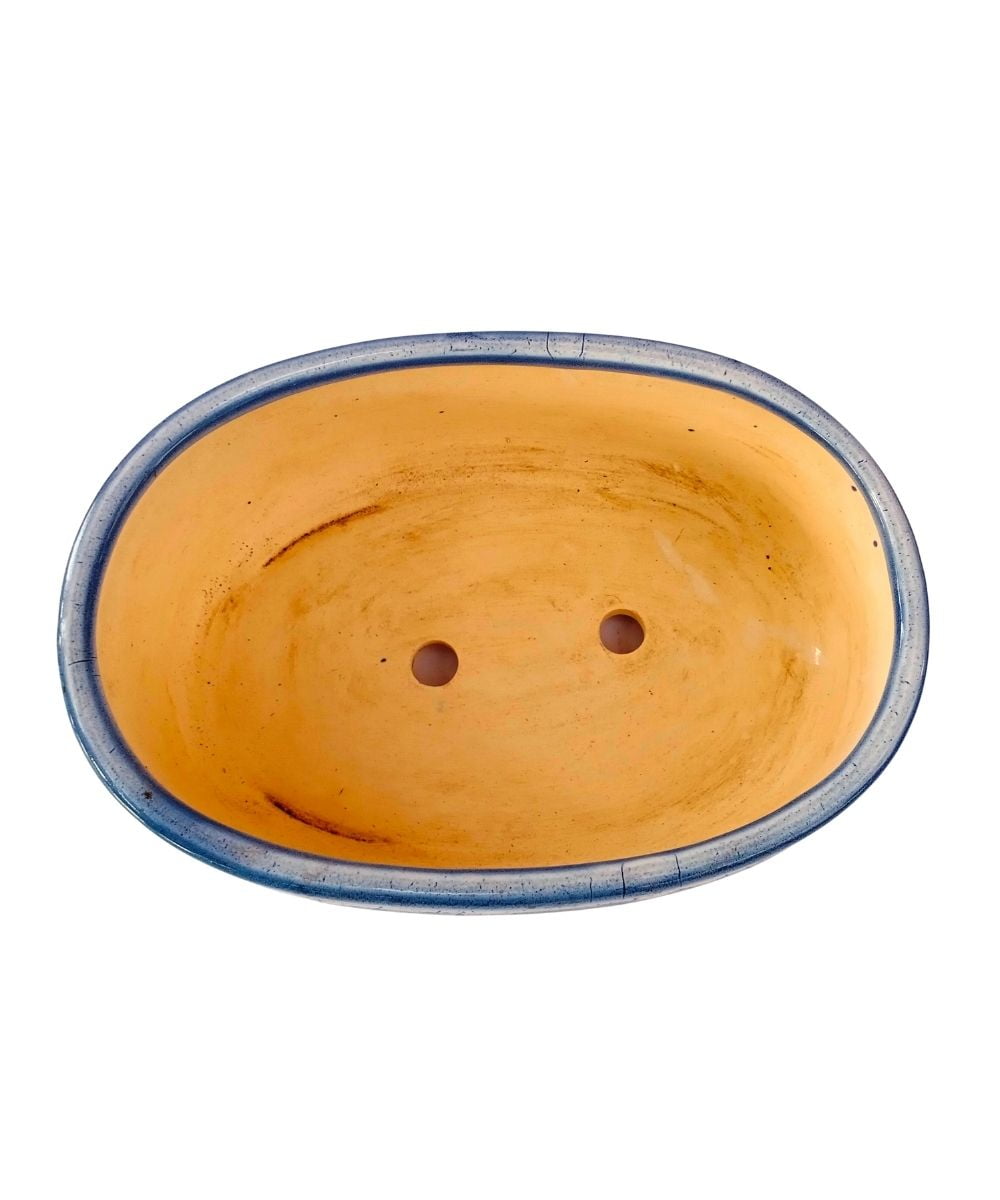 Large Blue Carved Oval Bonsai Pot | 27 cm Ceramic Planter