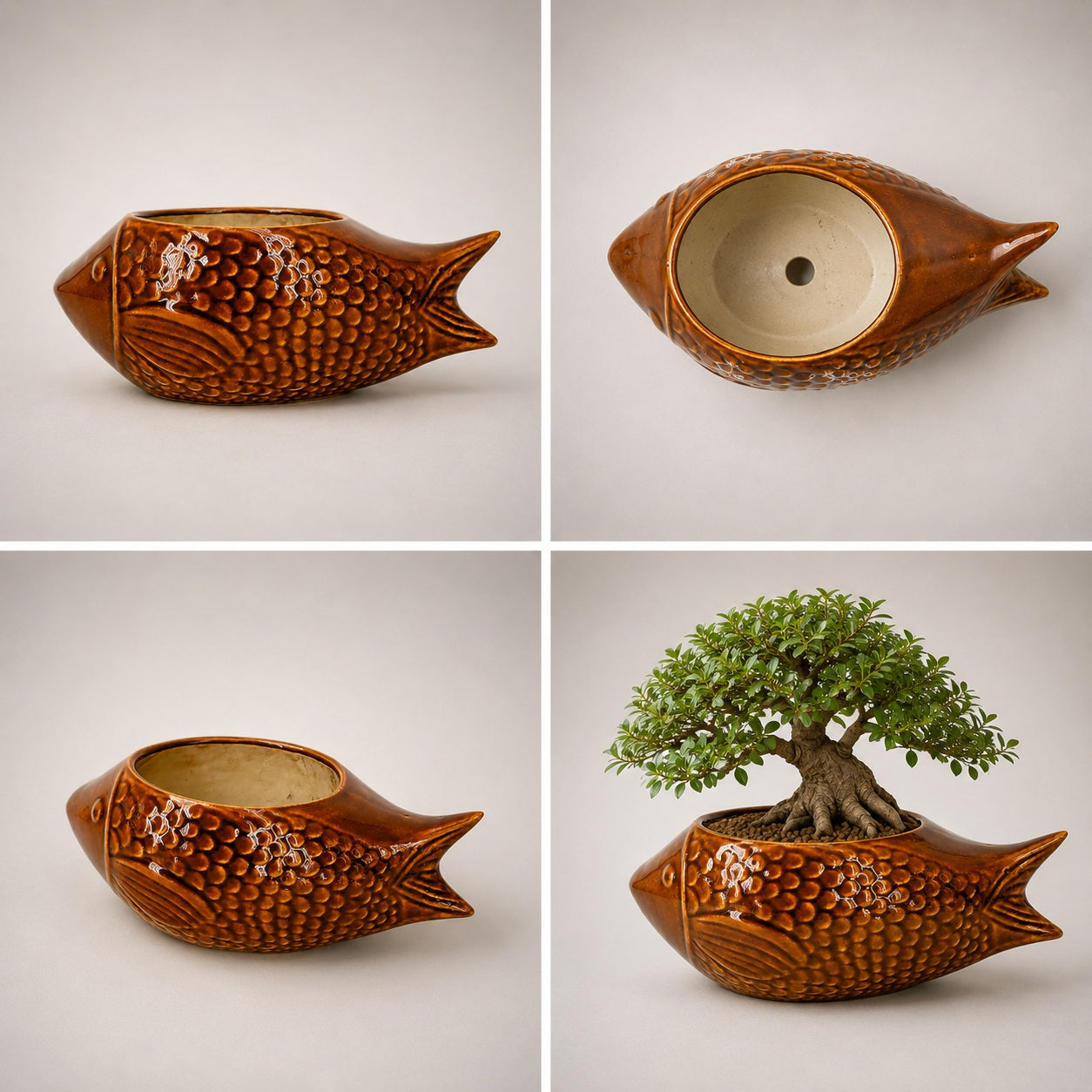 Brown Fish-Shaped Ceramic Bonsai Pot | 11 Inch Decorative Planter