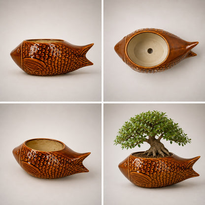 Brown Fish-Shaped Ceramic Bonsai Pot | 11 Inch Decorative Planter