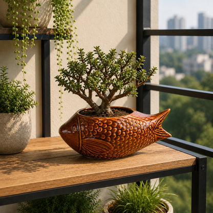 Brown Fish-Shaped Ceramic Bonsai Pot | 11 Inch Decorative Planter