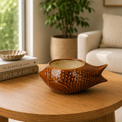 Brown Fish-Shaped Ceramic Bonsai Pot | 11 Inch Decorative Planter