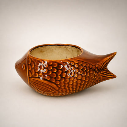 Brown Fish-Shaped Ceramic Bonsai Pot | 11 Inch Decorative Planter