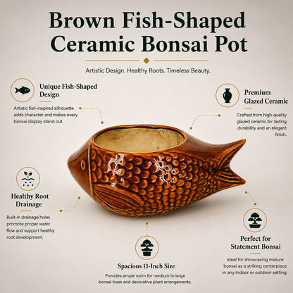 Brown Fish-Shaped Ceramic Bonsai Pot | 11 Inch Decorative Planter