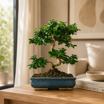 Carmona Flowering Indoor Bonsai Tree – 9 Years, Blue Ceramic Pot