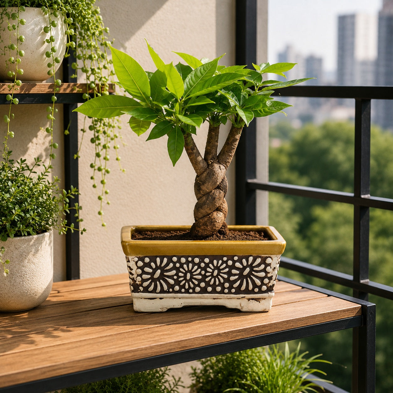 Carved Ceramic Bonsai Pot | 22 cm Decorative Planter