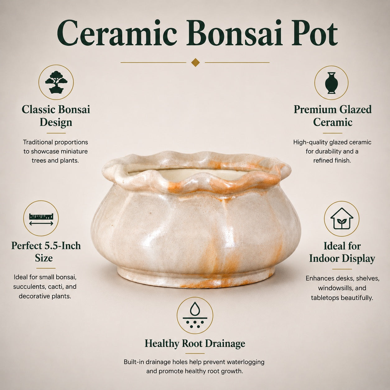 Ceramic Bonsai Pot | 14 cm / 5.5 Inch Indoor Plant Pot
