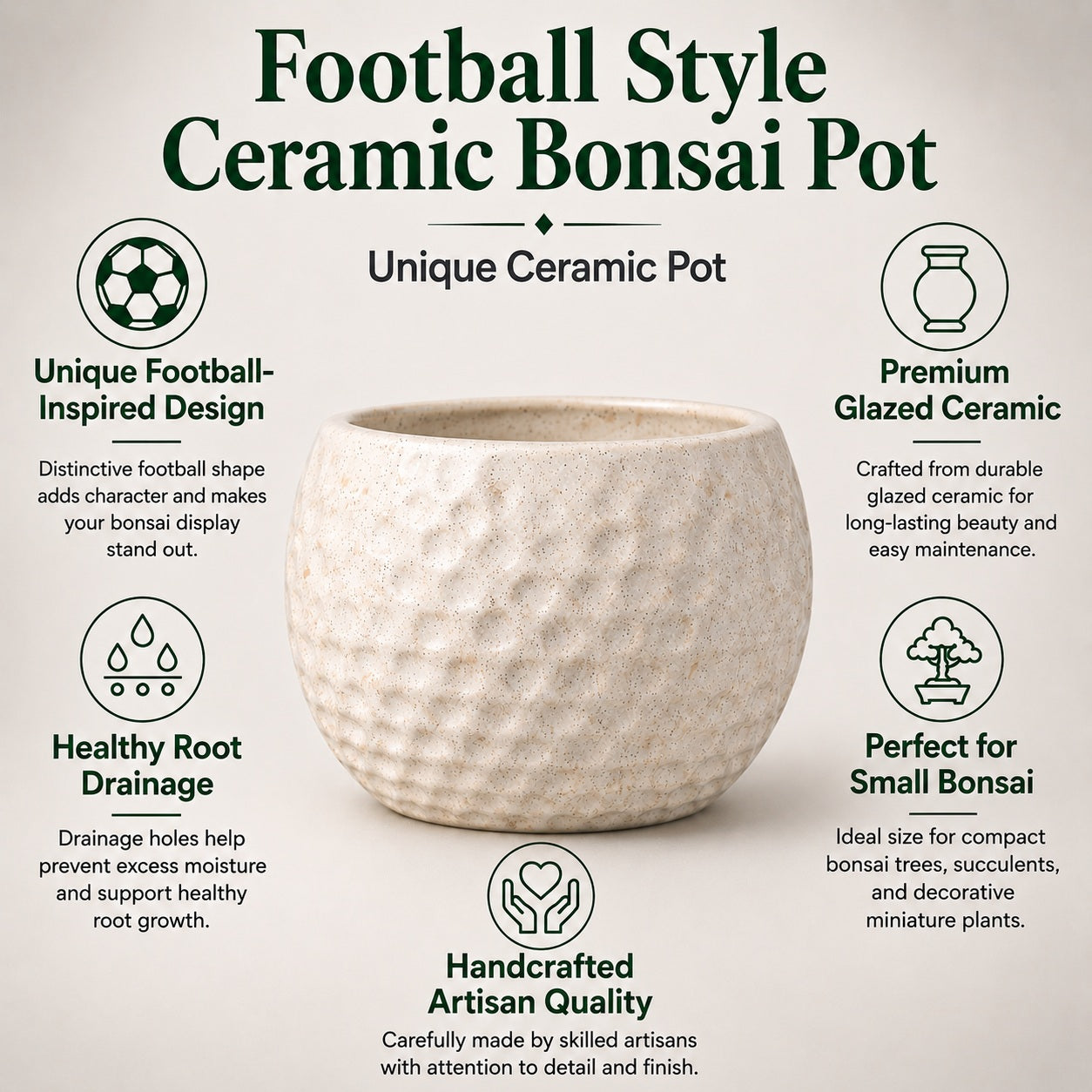 Football Style Ceramic Bonsai Pot | 15 cm / 6 Inch Unique Planter