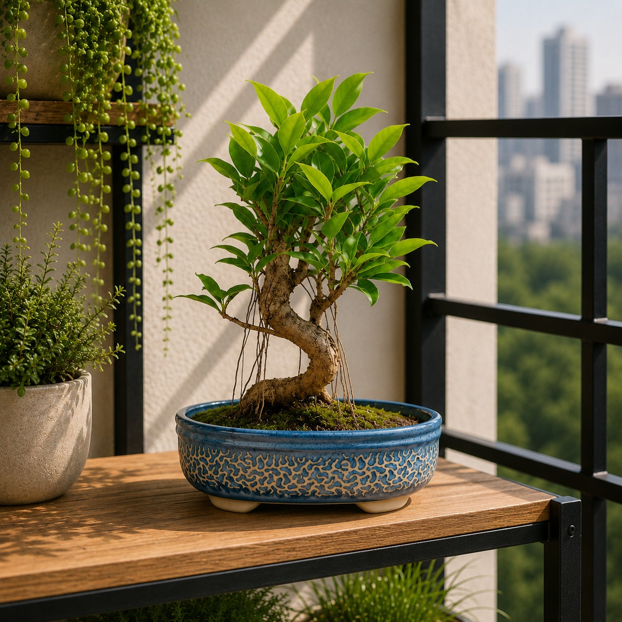 Large Blue Carved Oval Bonsai Pot | 27 cm Ceramic Planter