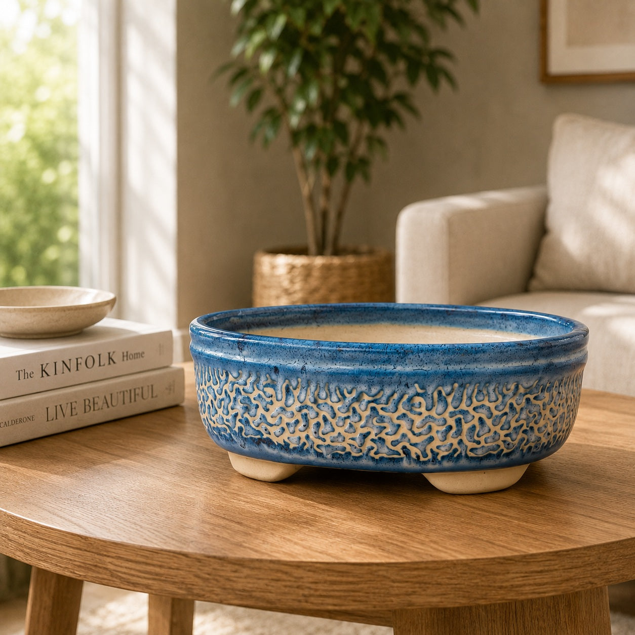 Large Blue Carved Oval Bonsai Pot | 27 cm Ceramic Planter