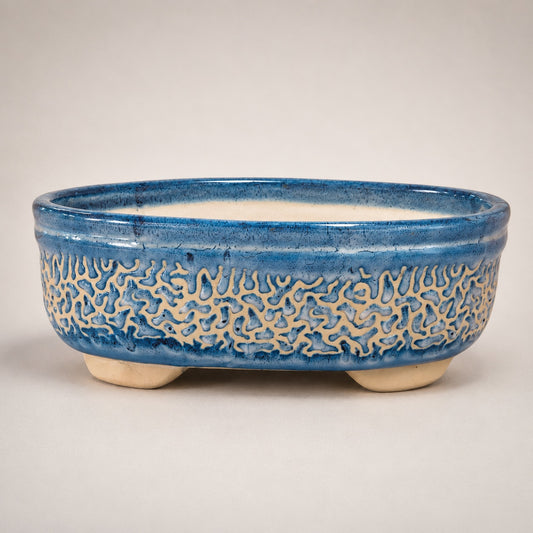 Large Blue Carved Oval Bonsai Pot | 27 cm Ceramic Planter