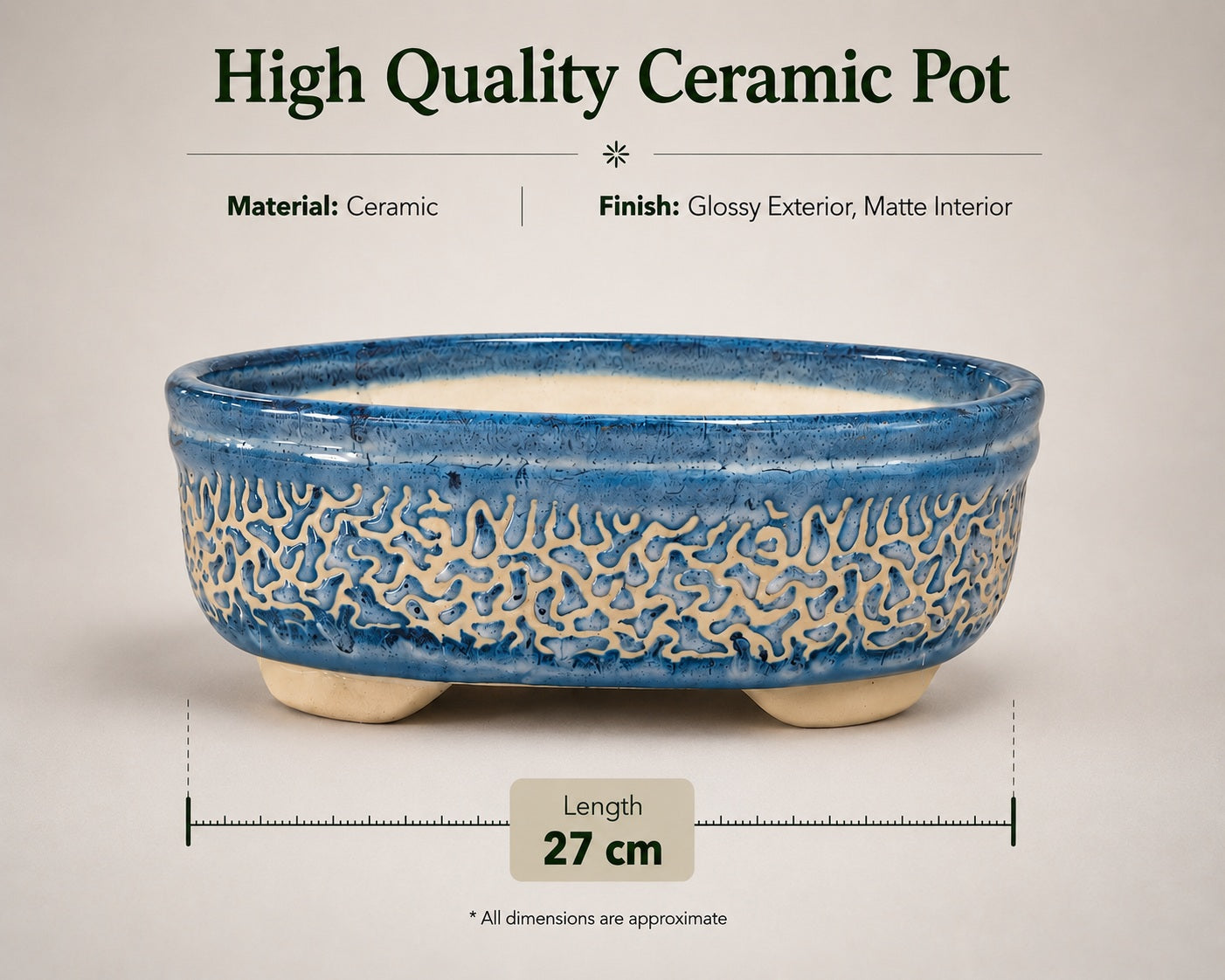 Large Blue Carved Oval Bonsai Pot | 27 cm Ceramic Planter