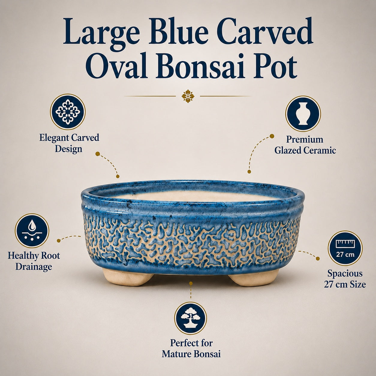 Large Blue Carved Oval Bonsai Pot | 27 cm Ceramic Planter