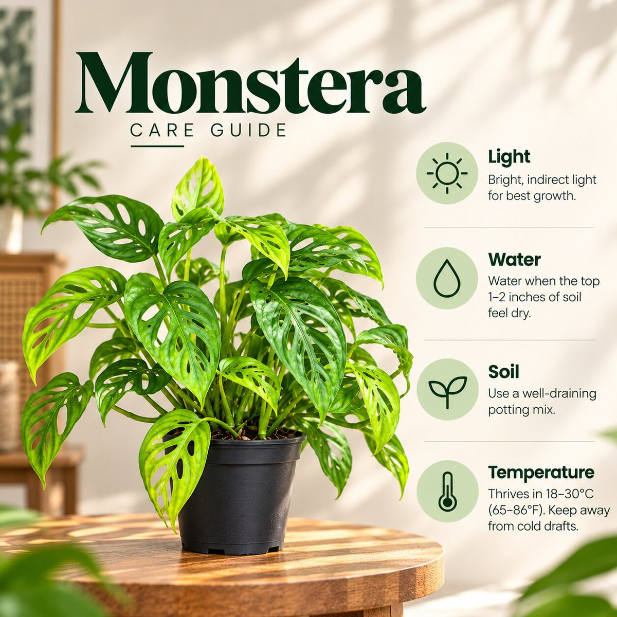 Monstera care guide: bright indirect light, water when top soil is dry, 18–30°C