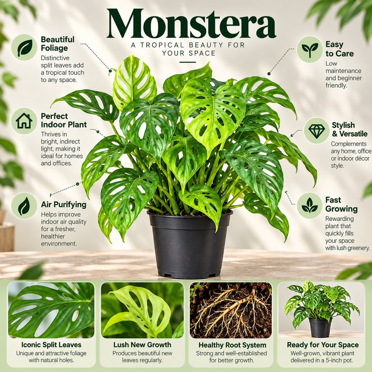 Monstera adansonii features: split holey leaves, easy care, air purifying, fast growing