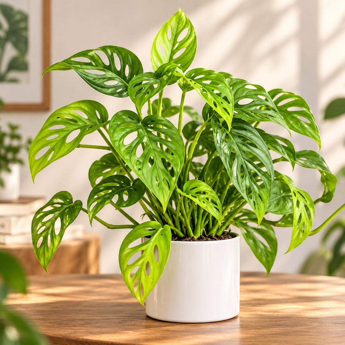 Monstera adansonii Swiss cheese plant in a glossy white ceramic pot on a wooden table