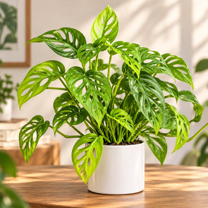 Monstera adansonii Swiss cheese plant in a glossy white ceramic pot on a wooden table