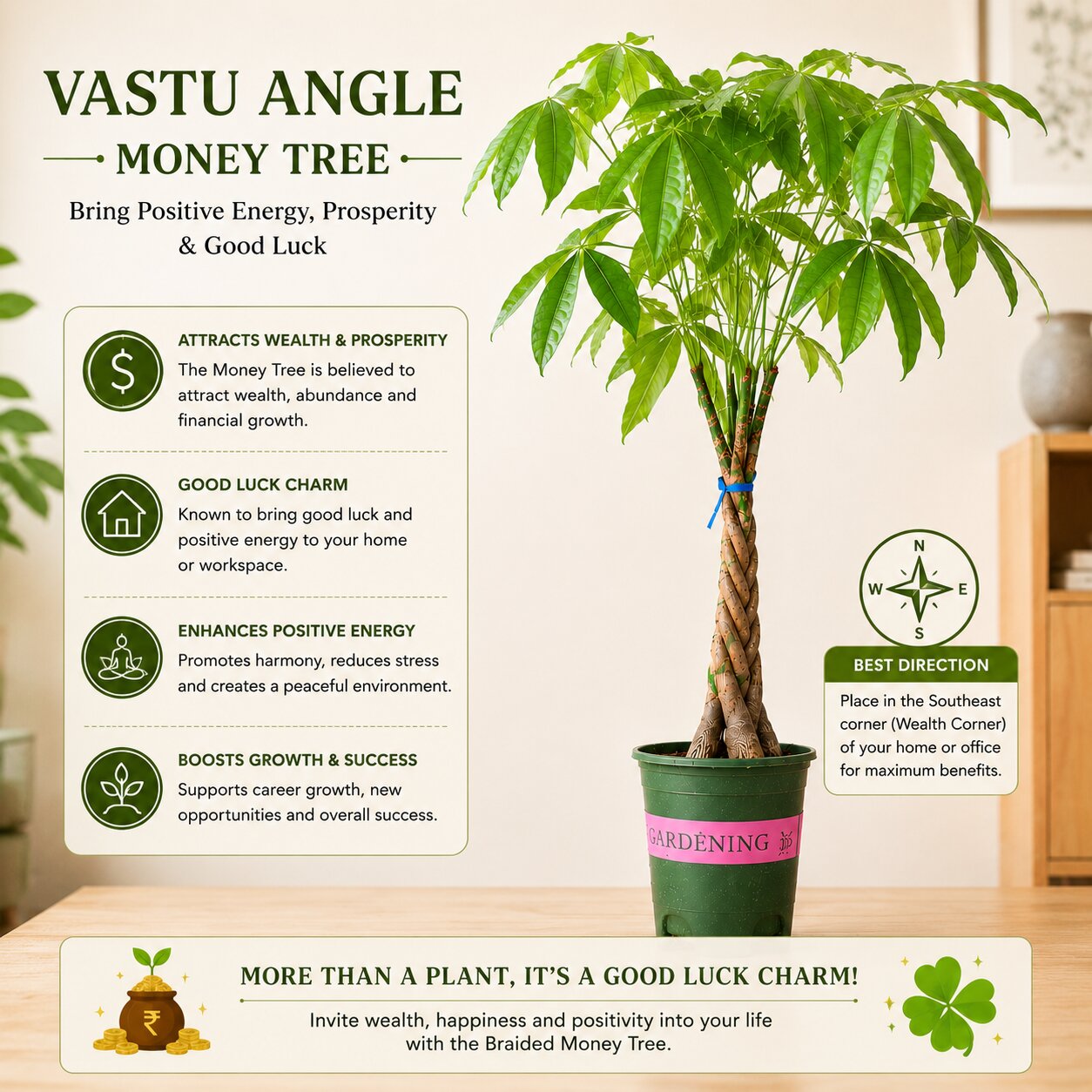 Braided Pachira Money Tree – 40 Inch Tall Indoor Bonsai Plant | Vastu Plant for Home & Office