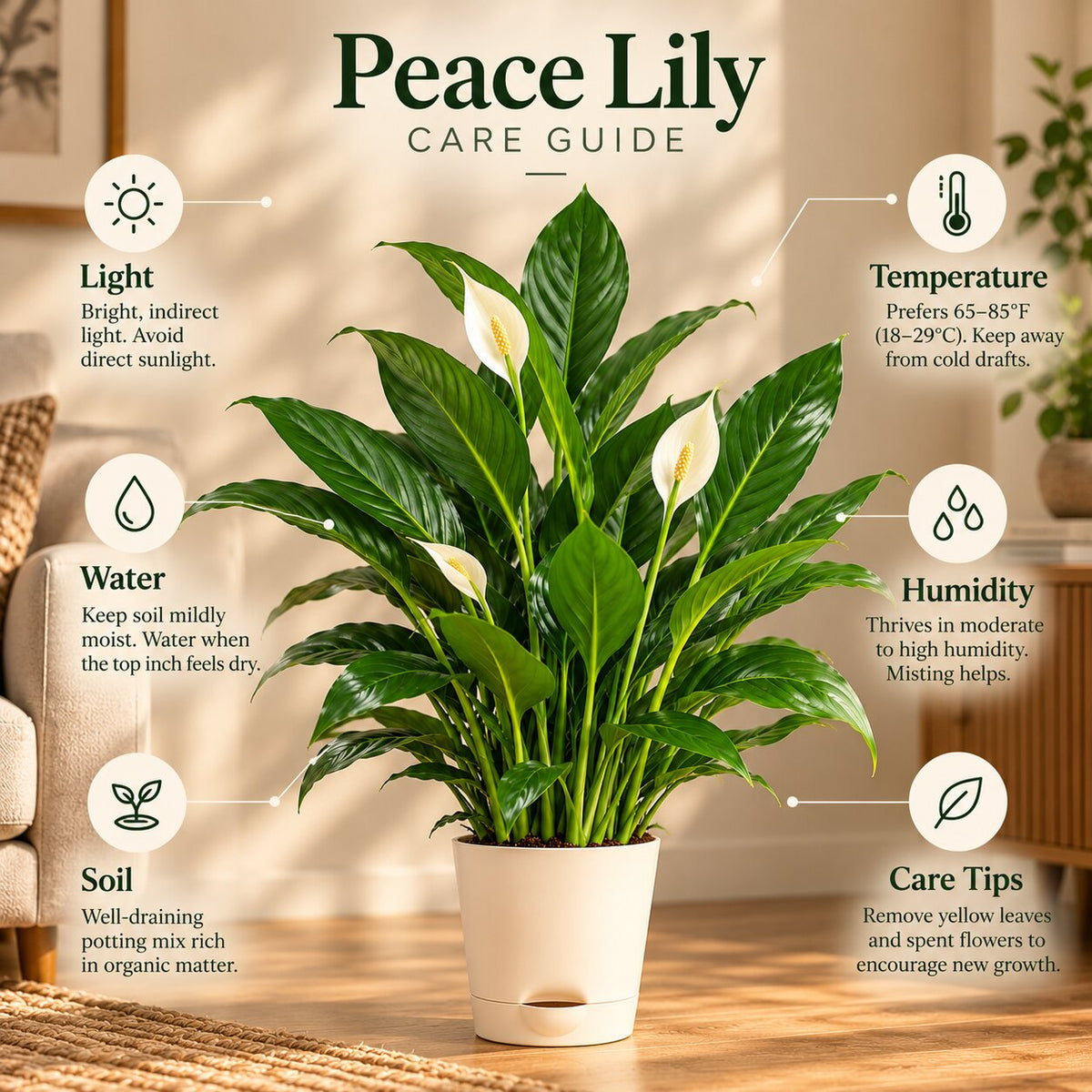 Peace Lily care guide: bright indirect light, water when the top inch is dry, 18 to 29°C, moderate to high humidity