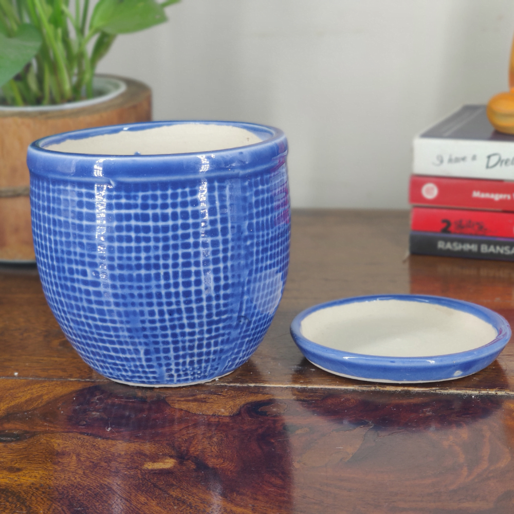 Round Ceramic Pot with Tray | 4 Inch Small Planter