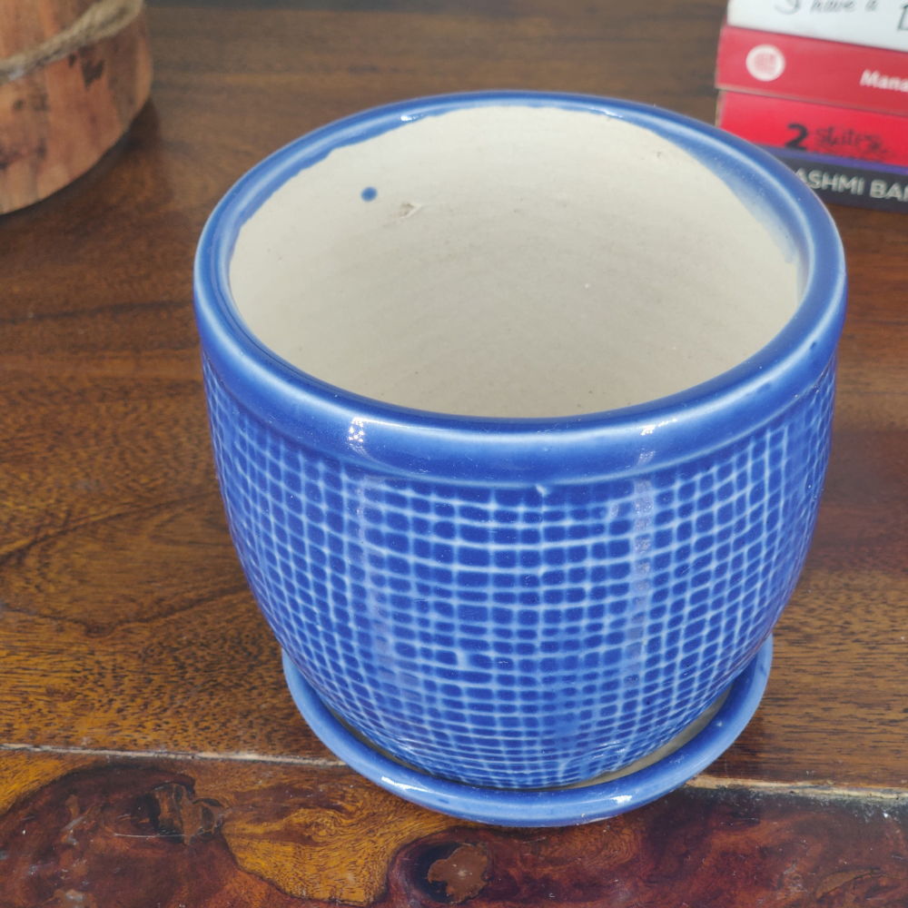 Round Ceramic Pot with Tray | 4 Inch Small Planter