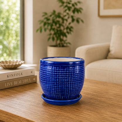Round Ceramic Pot with Tray | 4 Inch Small Planter