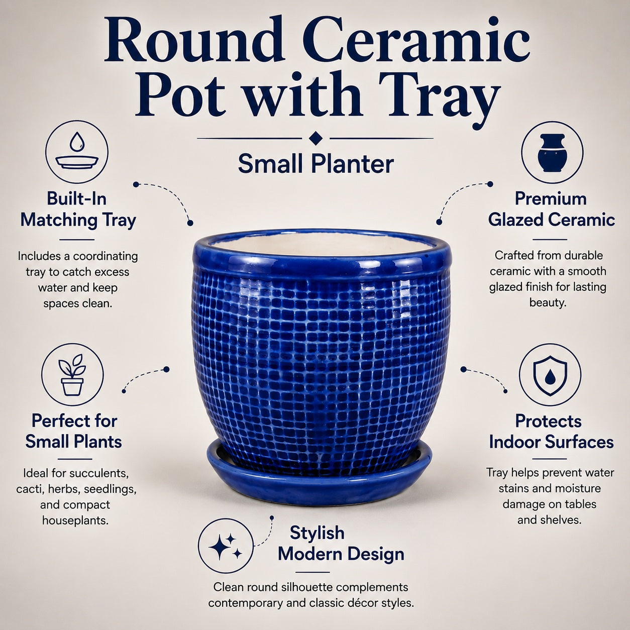 Round Ceramic Pot with Tray | 4 Inch Small Planter