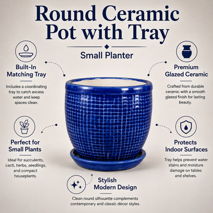 Round Ceramic Pot with Tray | 4 Inch Small Planter
