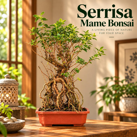 Large Serissa (Snow Rose) mame bonsai with exposed roots in a terracotta-red plastic bonsai pot on a wooden table