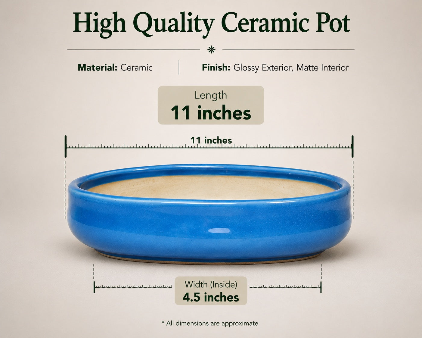 Sky Blue Oval Ceramic Bonsai Pot - Large Bonsai Planter