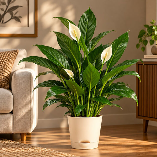 Large Peace Lily with white flowers in a cream self-watering pot beside a sofa in a sunlit living room