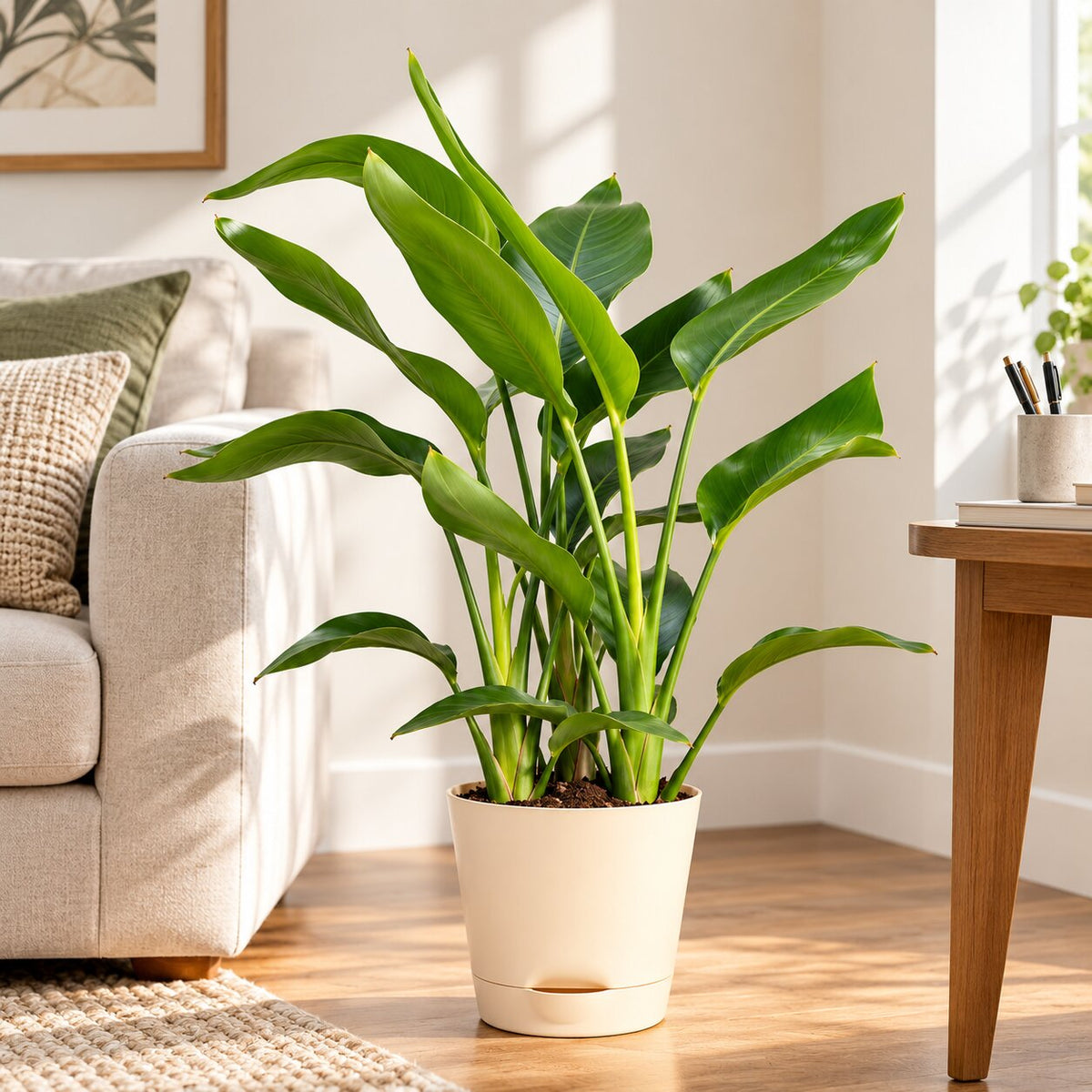 Large Bird of Paradise plant, about 18 inches tall, in a cream self-watering pot beside a sofa in a sunny living room