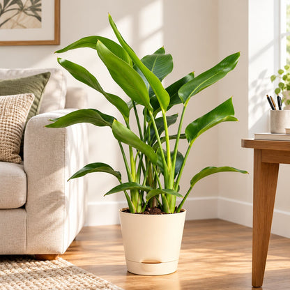 Large Bird of Paradise plant, about 18 inches tall, in a cream self-watering pot beside a sofa in a sunny living room