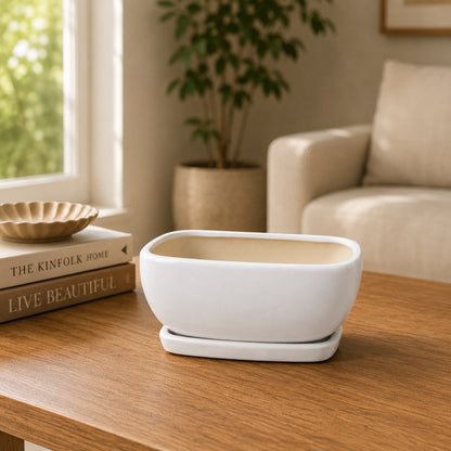 White Ceramic Bonsai Tray Pot | 17 cm Indoor Plant Pot