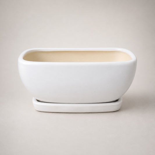 White Ceramic Bonsai Tray Pot | 17 cm Indoor Plant Pot