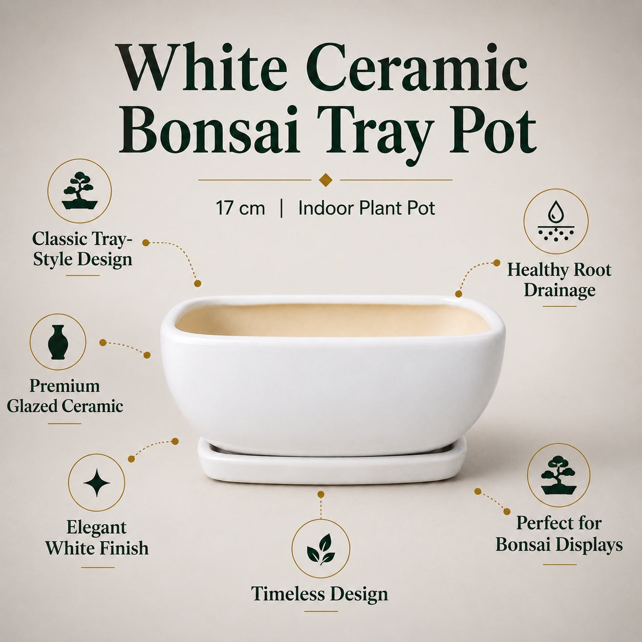 White Ceramic Bonsai Tray Pot | 17 cm Indoor Plant Pot