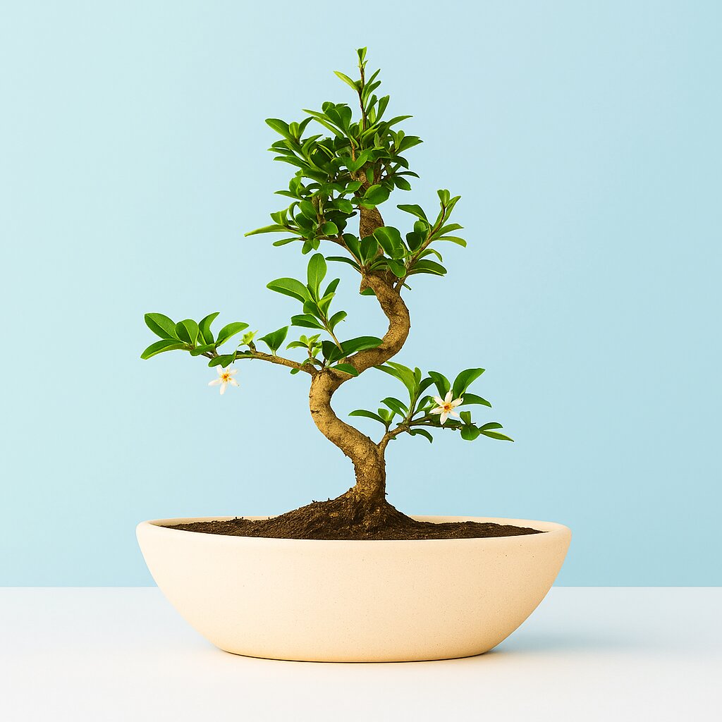Potted flowering bonsai tree on a light blue background
