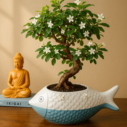 Carmona Flowering Indoor Bonsai Tree – 10 Years, Ceramic Fish Pot