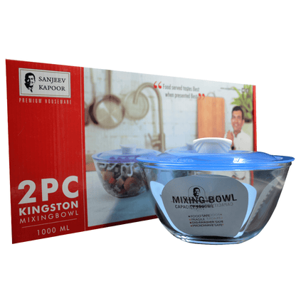 Sanjiv Kapoor Kingston High Borosilicate Mixing Bowl Set Of 2 Pc  1000 Ml - Blue Lid - With Gift Box