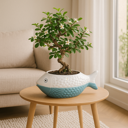 Carmona Flowering Indoor Bonsai Tree – 10 Years, Ceramic Fish Pot