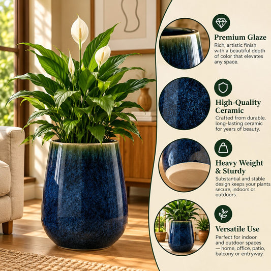 Blue glazed ceramic planter with a Peace Lily and features: premium glaze, high-quality ceramic, heavy weight, indoor and outdoor use